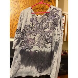 Only Nine Woman Grey Graphic Tunic Top 3/4‎ Sleeve Gold Foil Boho Plus Size 1X